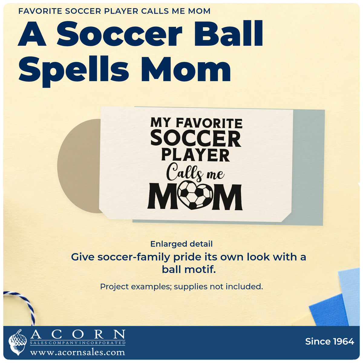 Enlarged detail of the Soccer Mom Favorite Player Lettering Slim Pre-Inked Stamp imprint. A soccer ball fills the O in "Mom" beneath "My favorite soccer player calls me."