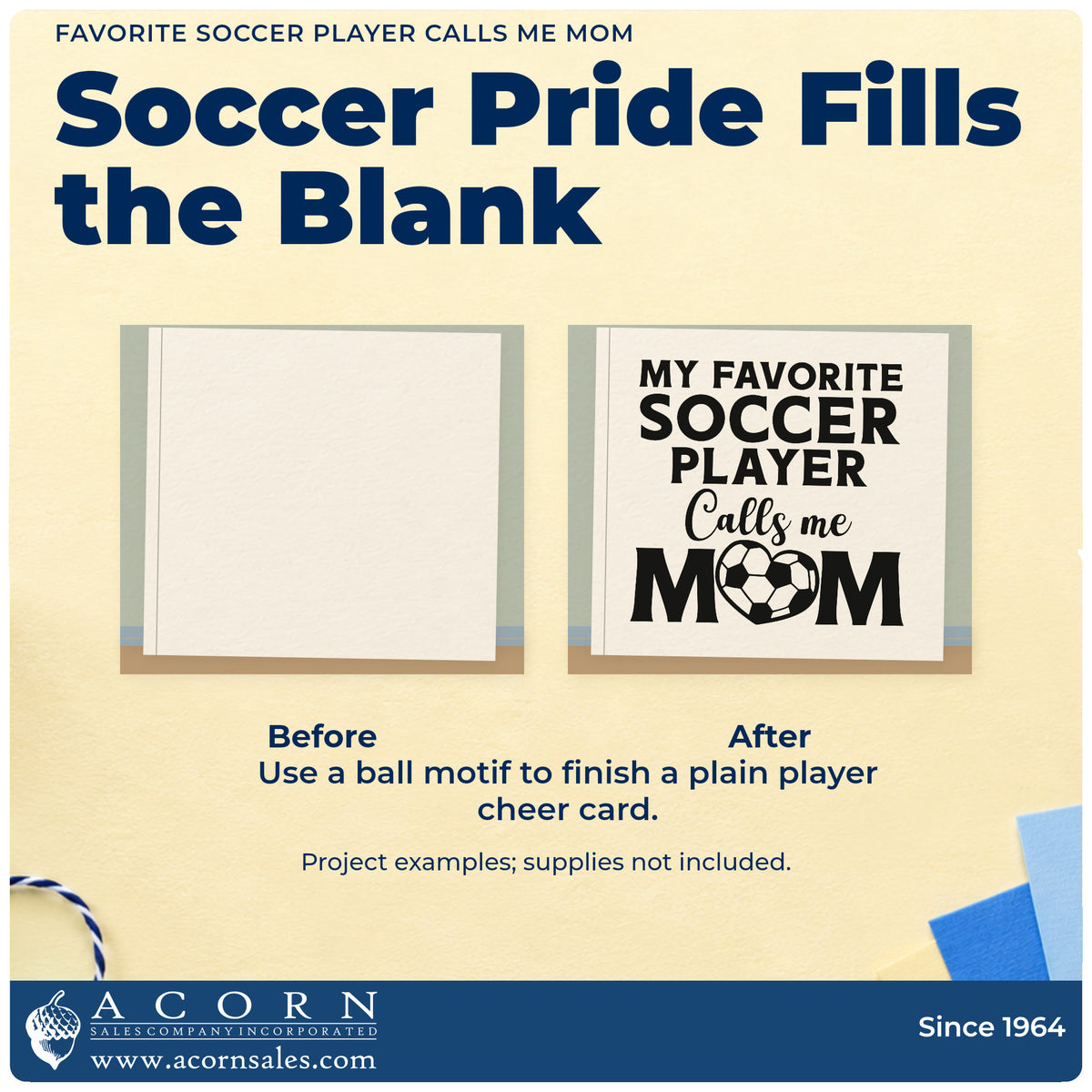 Before and after of a plain item finished with the Duo Hand Soccer Mom Favorite Player Lettering Rubber Stamp, a quick upgrade for tournament bag bands.