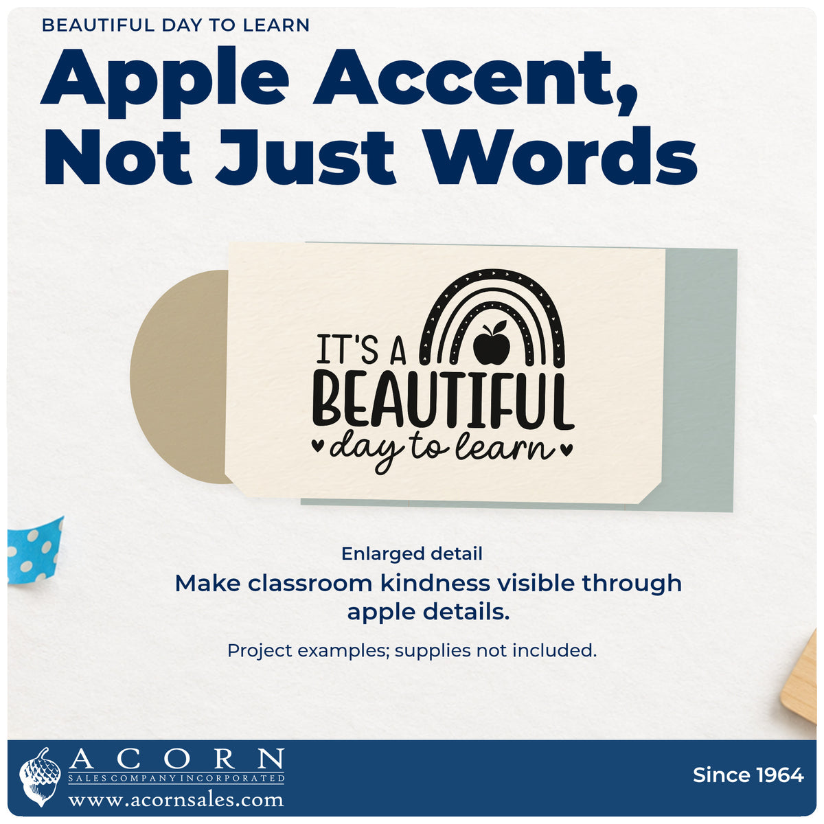 Enlarged detail of the Beautiful Day To Learn Rubber Stamp – Wood Handle imprint. A rainbow and apple sit above "It's a beautiful day to learn," with small hearts.