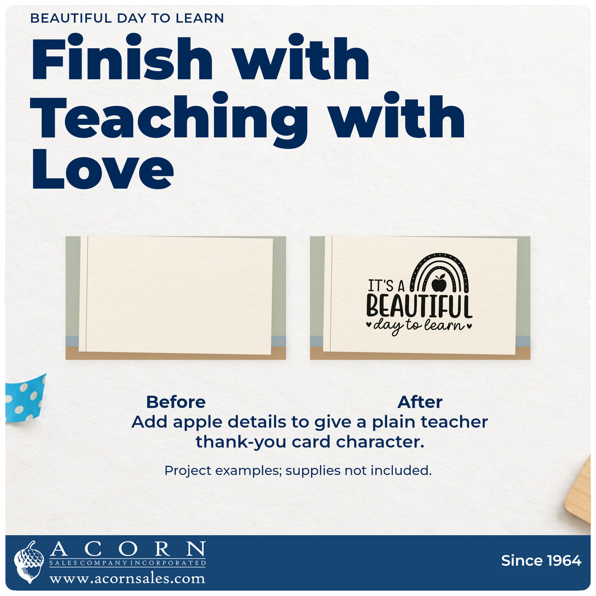 Before and after of a plain item finished with the Beautiful Day To Learn Rubber Stamp – Wood Handle, a quick upgrade for snack cup labels.