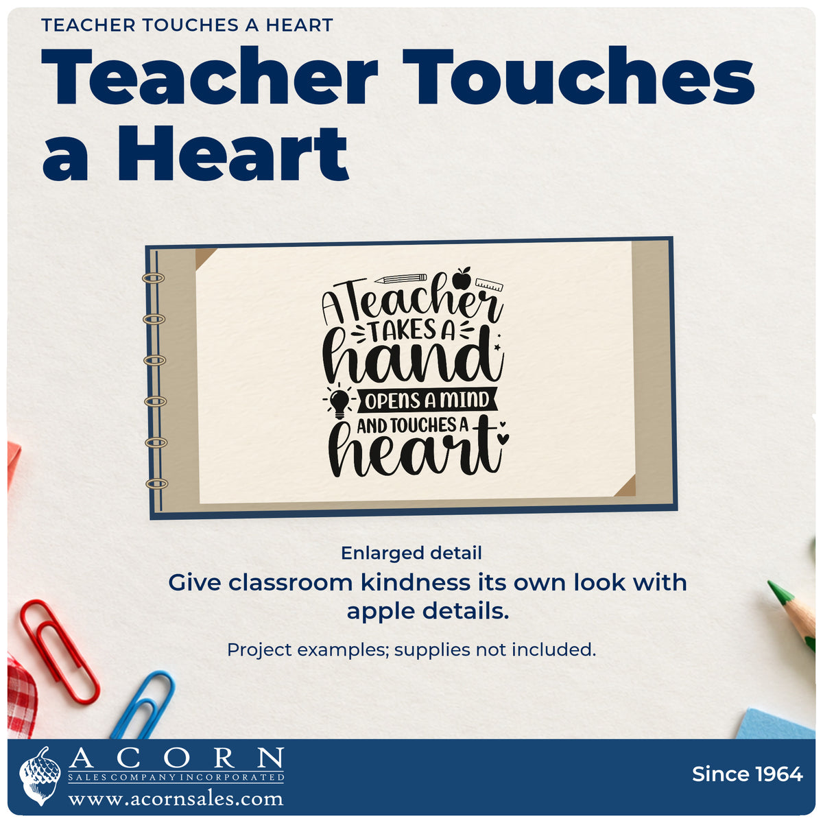 Enlarged detail of the Teacher Touches A Heart School Tools Slim Pre-Inked Stamp imprint. A pencil, ruler, apple, and lightbulb accent "A teacher takes a hand, opens a mind, and touches a heart."