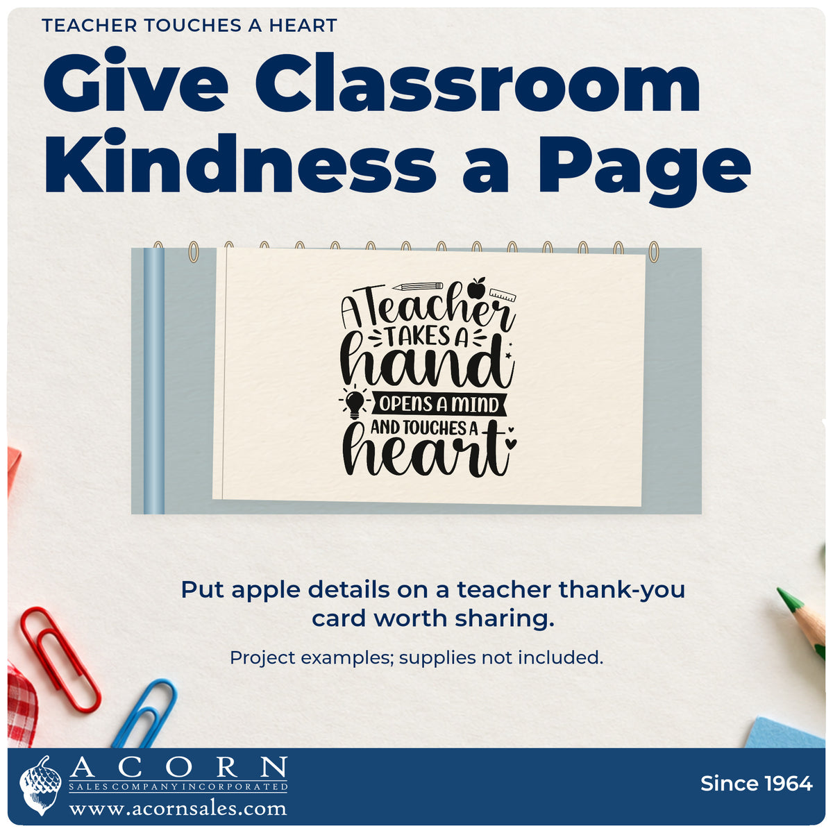 A finished handmade project stamped with the Teacher Touches A Heart School Tools Slim Pre-Inked Stamp, ideal for appreciation week tags.