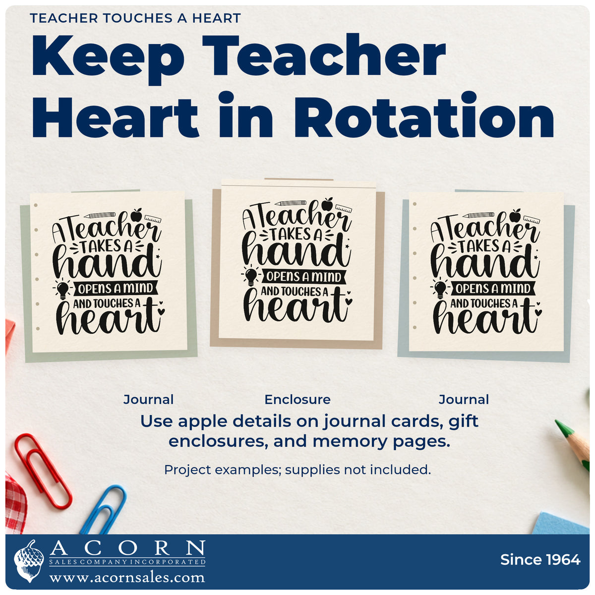 Three project examples made with the Teacher Touches A Heart School Tools Slim Pre-Inked Stamp, including tool caddy labels.