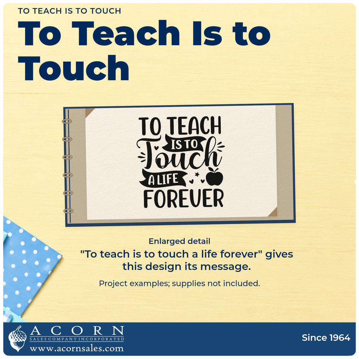 Enlarged detail of the To Teach Is To Touch Apple Premium Wooden Stamp - Vintage Pro imprint. Banners, an apple, hearts, and sparkles decorate "To teach is to touch a life forever."