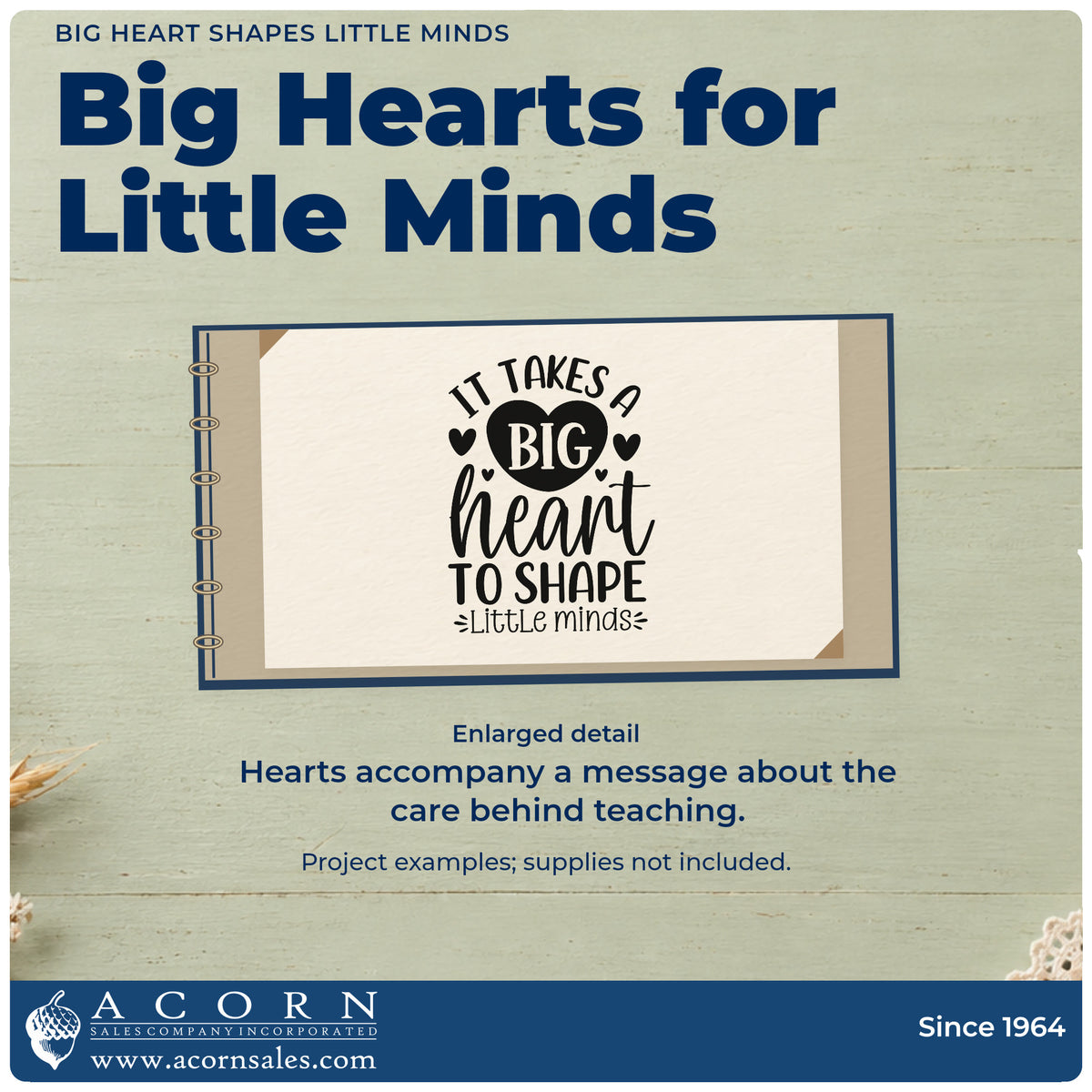 Enlarged detail of the Big Heart Little Minds Teaching Lettering Slim Pre-Inked Stamp imprint. A solid heart and smaller hearts accompany "It takes a big heart to shape little minds."