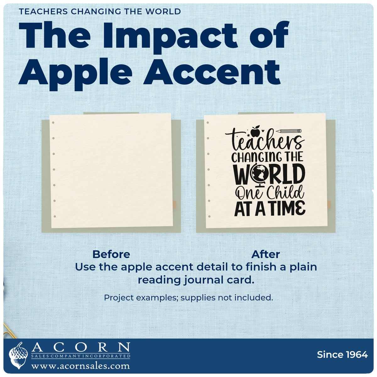 Before and after of a plain item finished with the Teachers Changing The World Stamp – Self-Inking, a quick upgrade for sister school seals.