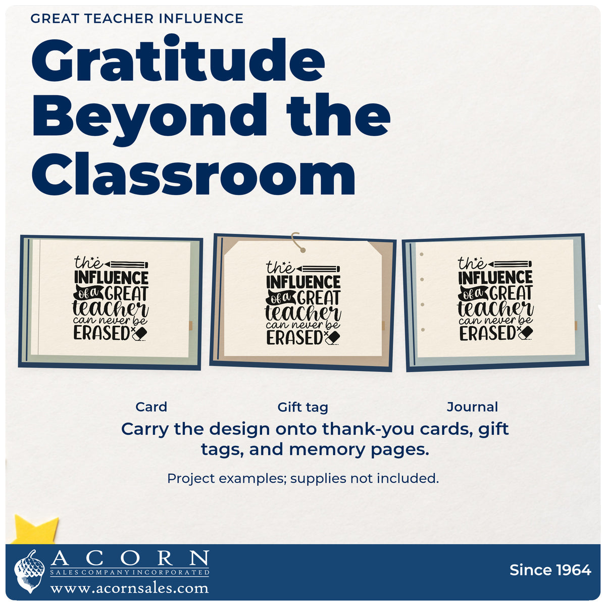 Three project examples made with the The Influence Of A Great Teacher Can Never Be Erased Premium Wood-Mounted Stamp - Vintage Pro, including pencil box labels.