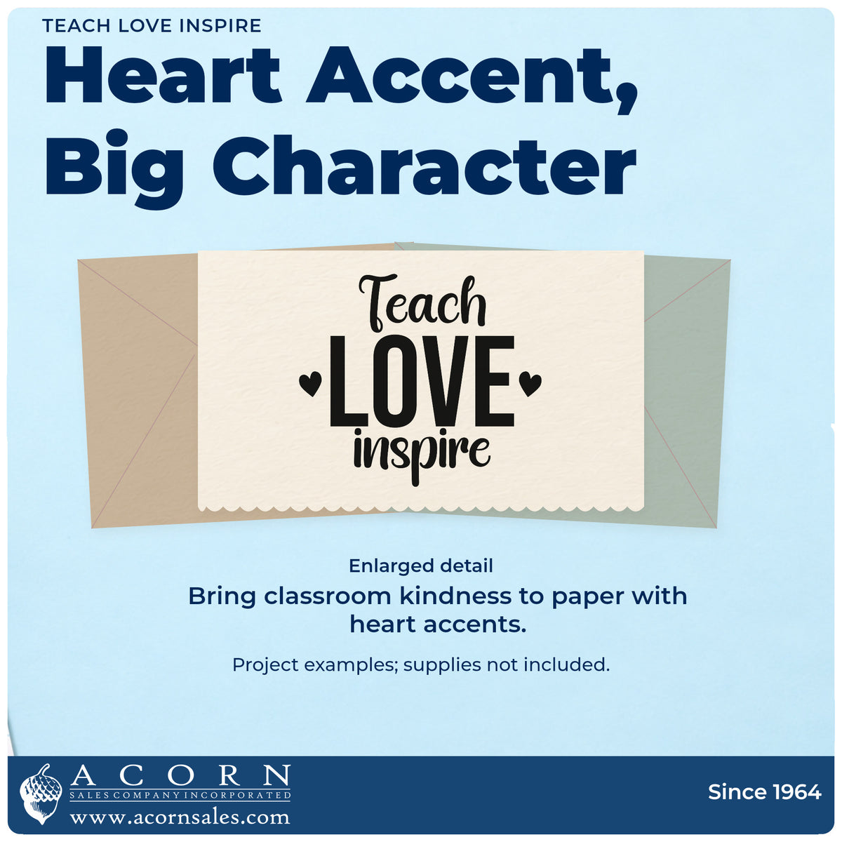 Enlarged detail of the Premium Wooden Teach Love Inspire With Hearts Stamp - Vintage Pro imprint. Two hearts flank large "Love" lettering between "Teach" and "Inspire."