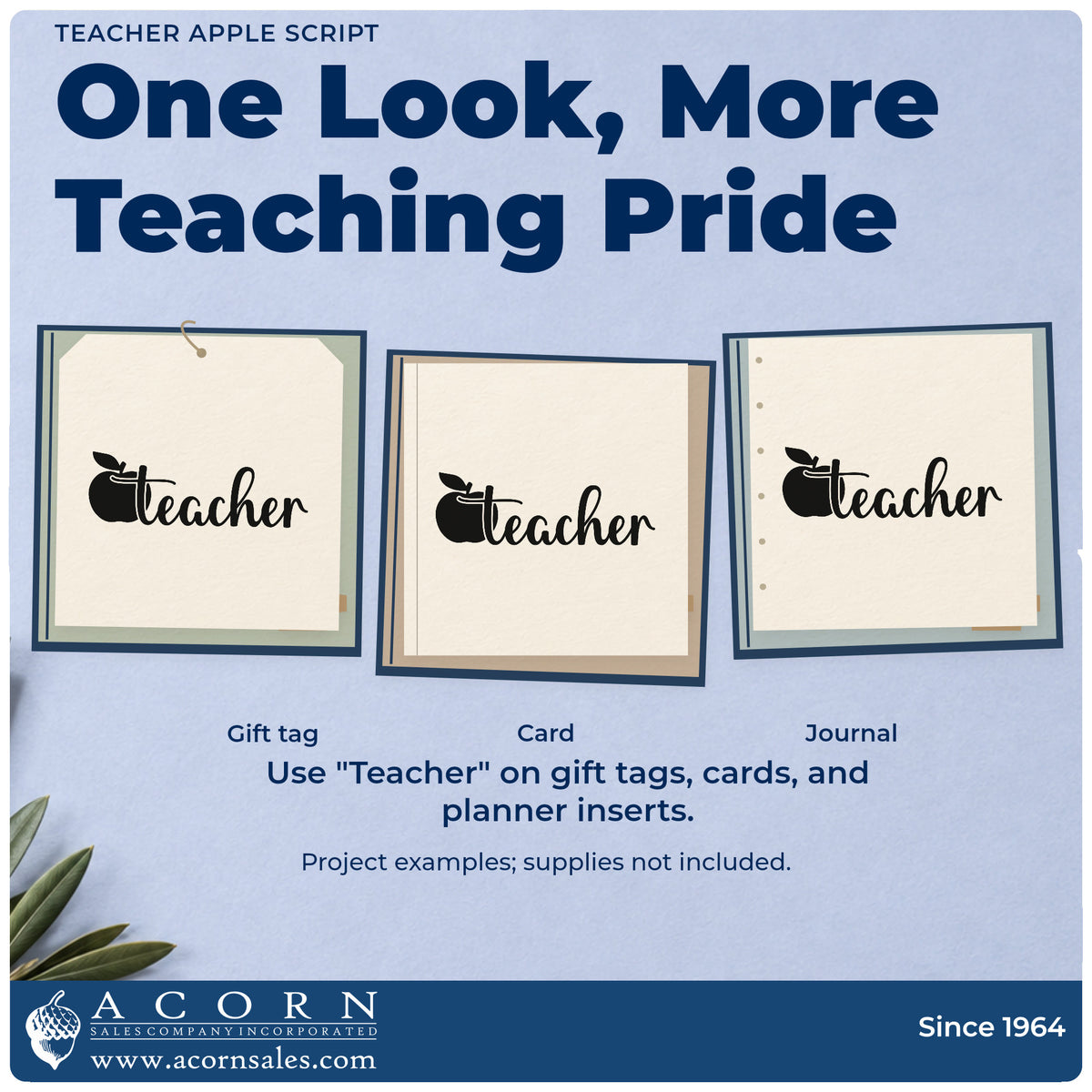 Three project examples made with the Teacher Apple Flourish Slim Pre-Inked Stamp, including apple coaster crafts.