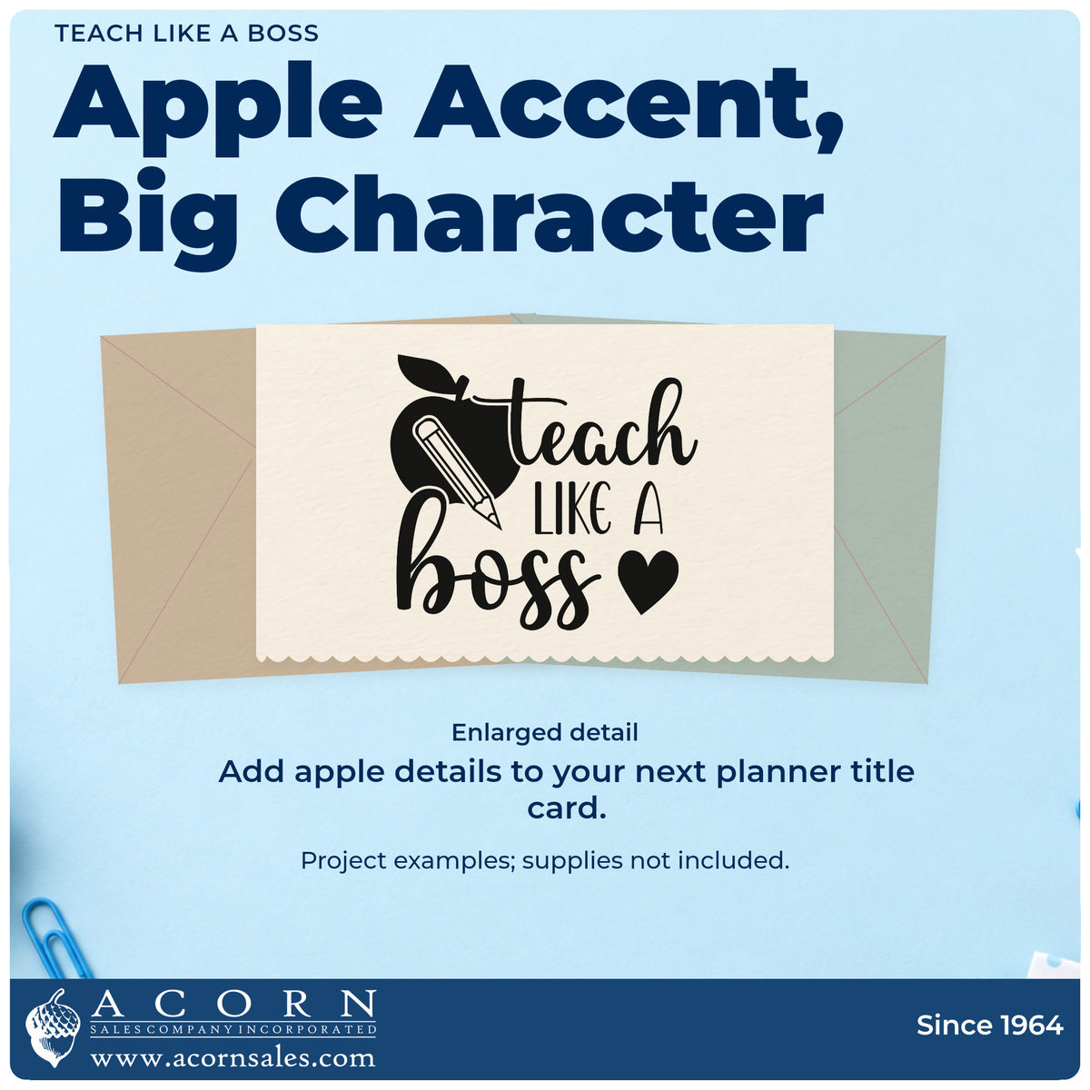 Enlarged detail of the Pre-Inked Teach Like A Boss Apple Stamp – PSI imprint. An apple, pencil, and heart accompany "Teach like a boss."