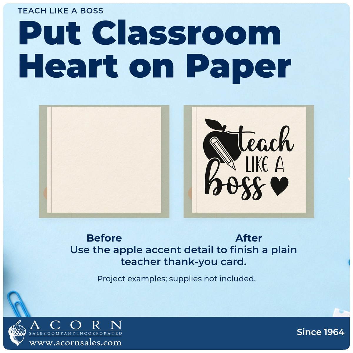 Before and after of a plain item finished with the Teach Like A Boss Apple Hand Stamp – Duo, a quick upgrade for coffee cart bands.