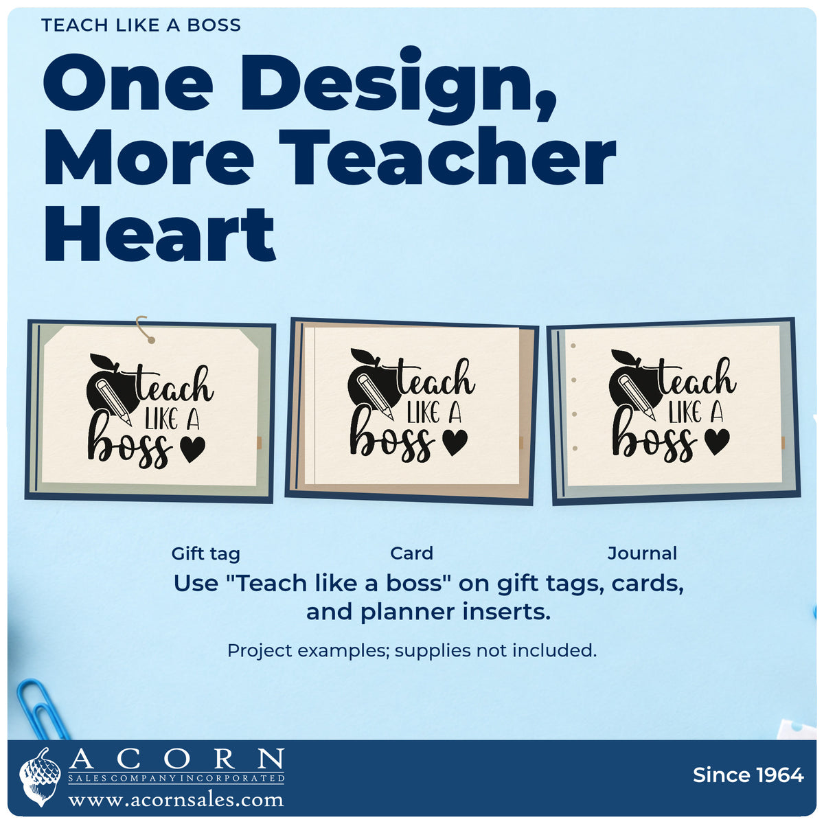 Three project examples made with the Pre-Inked Teach Like A Boss Apple Stamp – PSI, including desk caddy labels.