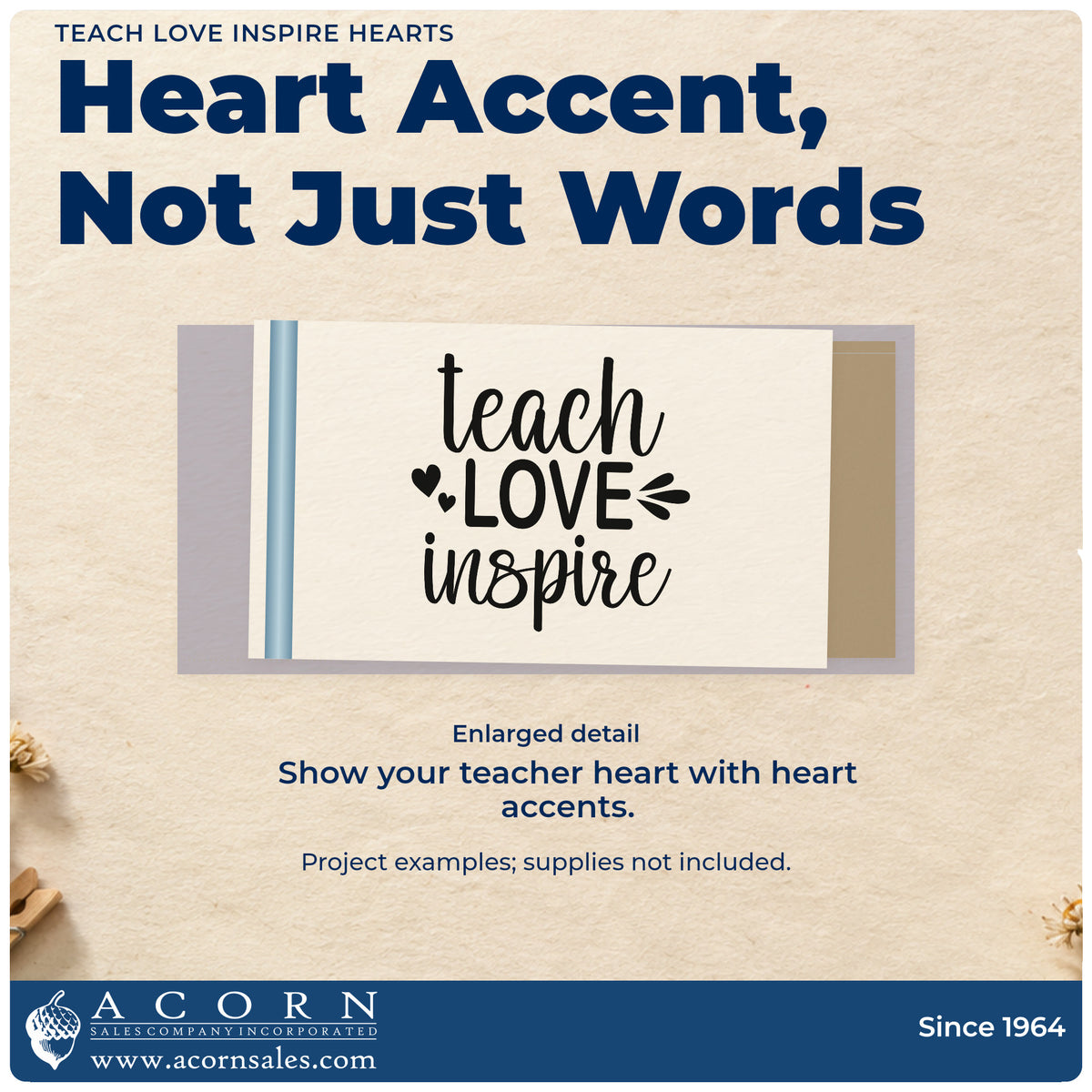 Enlarged detail of the Pre-Inked Teach Love Inspire Stamp – PSI imprint. Hearts and splash marks accent stacked "Teach love inspire" lettering.