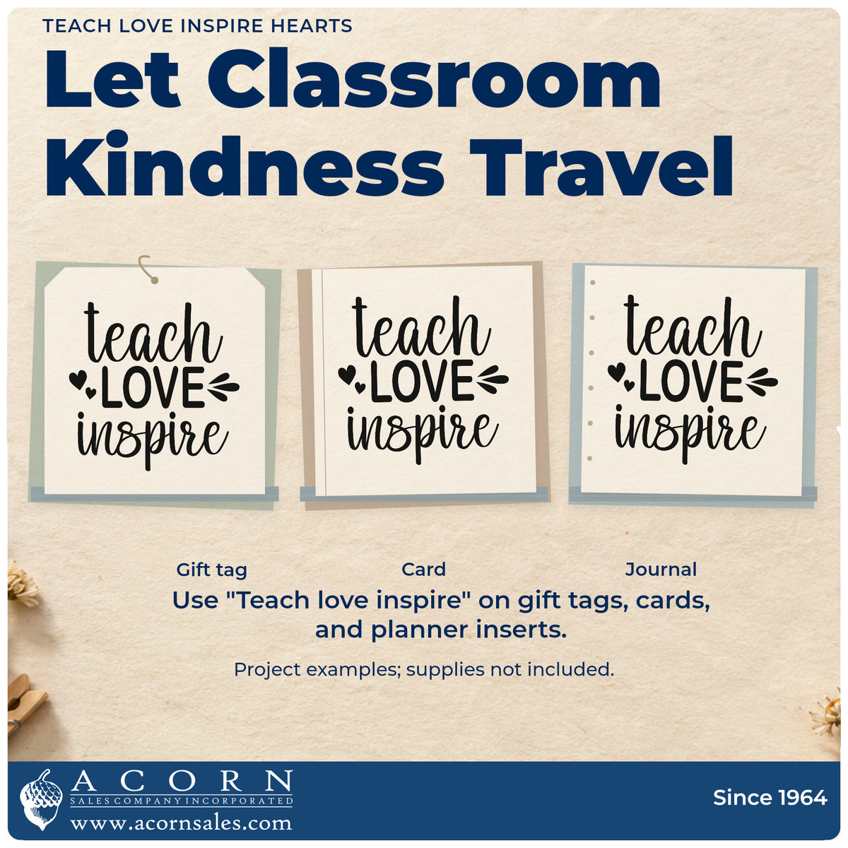 Three project examples made with the Self-Inking Teach Love Inspire Stamp, including smock hook labels.