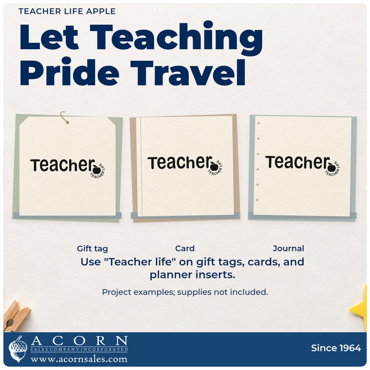 Three project examples made with the Teacher Life Apple Lettering Stamp - Premium Vintage Pro Wooden, including button pin crafts.