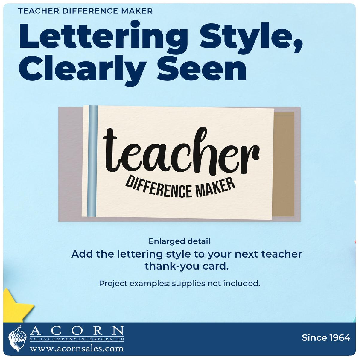 Enlarged detail of the Teacher Difference Maker Premium Wood-Mounted Stamp - Vintage Pro imprint. Large "Teacher" lettering sits above curved "Difference maker."