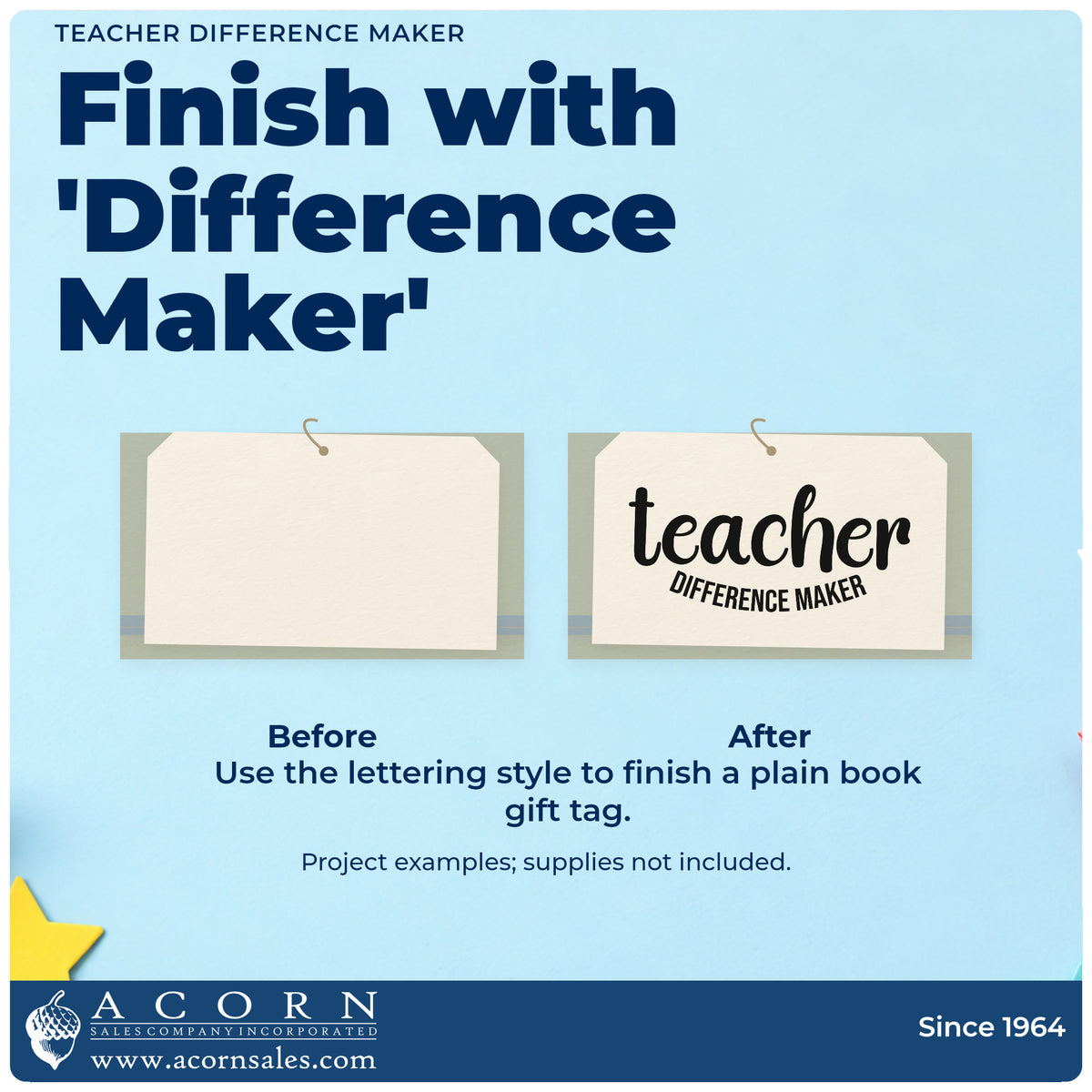 Before and after of a plain item finished with the Self-Inking Teacher Difference Maker Stamp, a quick upgrade for donor thank-you seals.