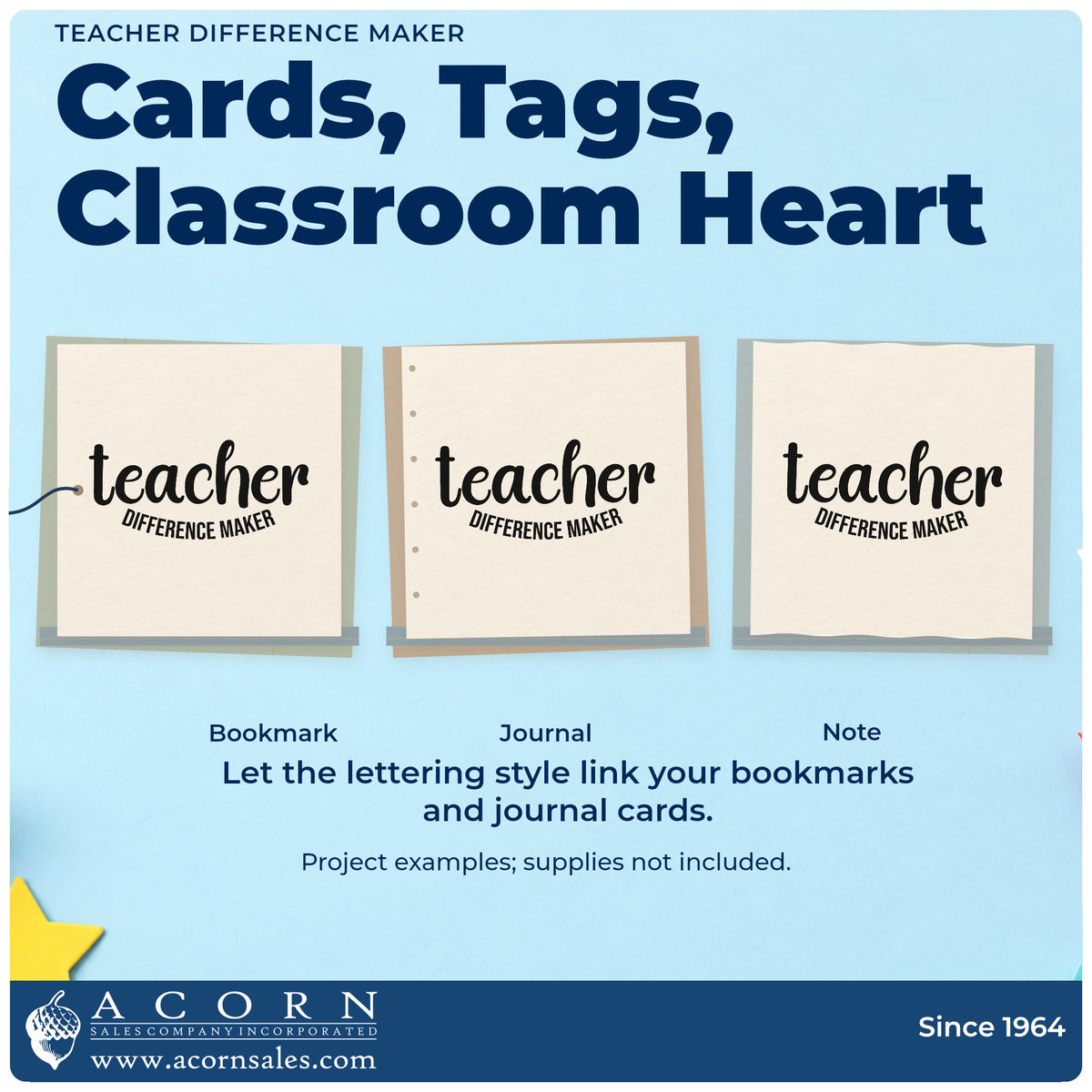 Three project examples made with the Self-Inking Teacher Difference Maker Stamp, including award plaque labels.