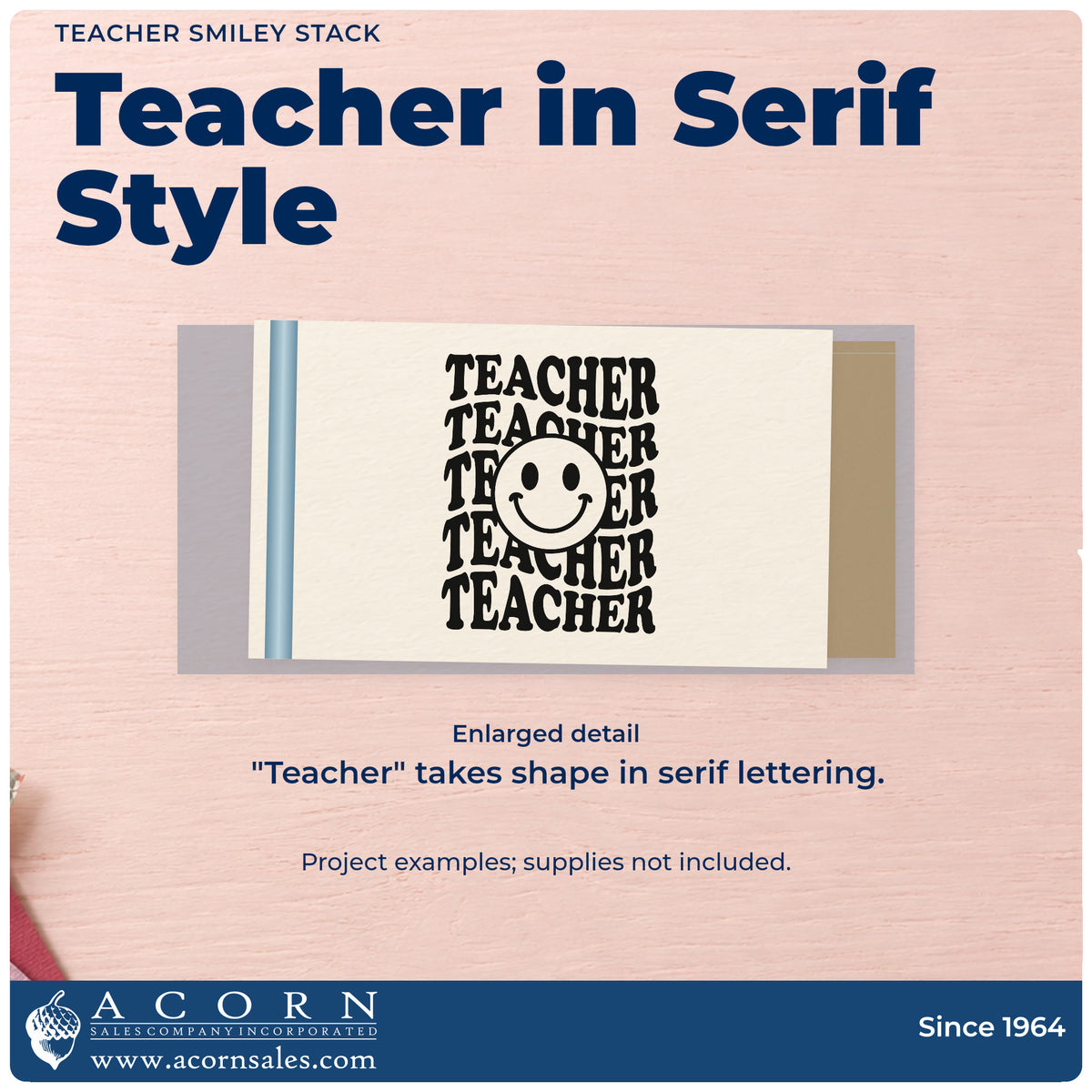 Enlarged detail of the Premium Wooden Teacher Smiley Stack Serif Lettering Stamp - Vintage Pro imprint. A smiling face overlays five stacked repetitions of "Teacher" in bold serif lettering.