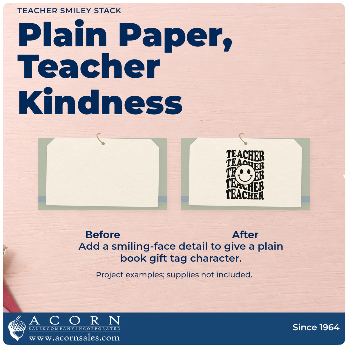 Before and after of a plain item finished with the Premium Wooden Teacher Smiley Stack Serif Lettering Stamp - Vintage Pro, a quick upgrade for tumbler wrap labels.
