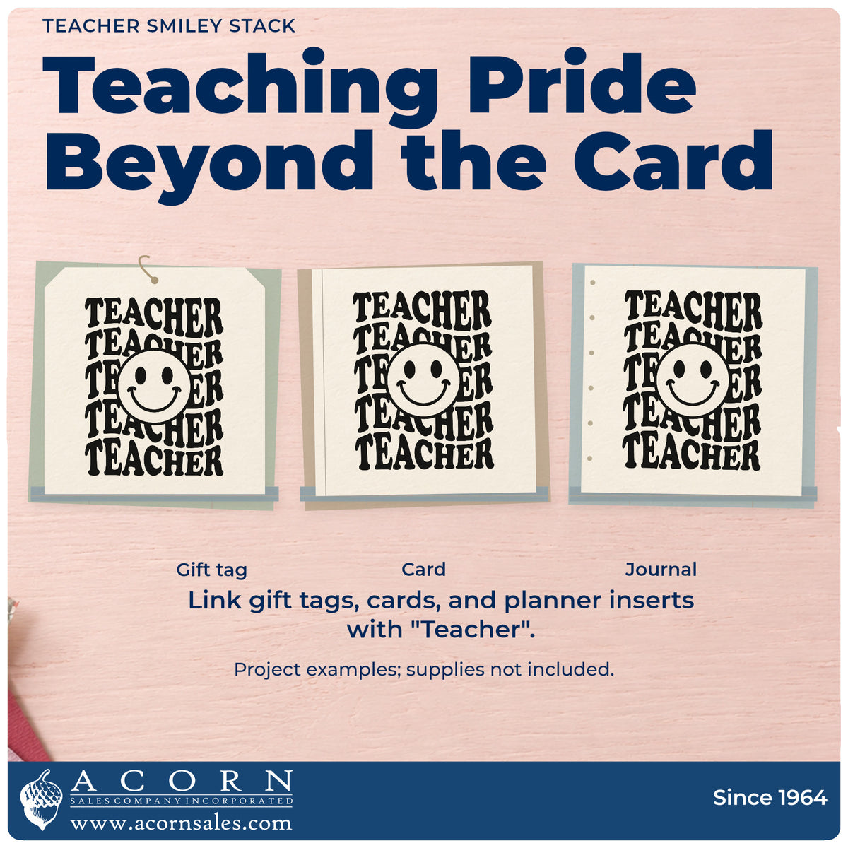 Three project examples made with the Teacher Smiley Stack Serif Lettering PSI Pre-Inked Stamp, including emoji chart crafts.
