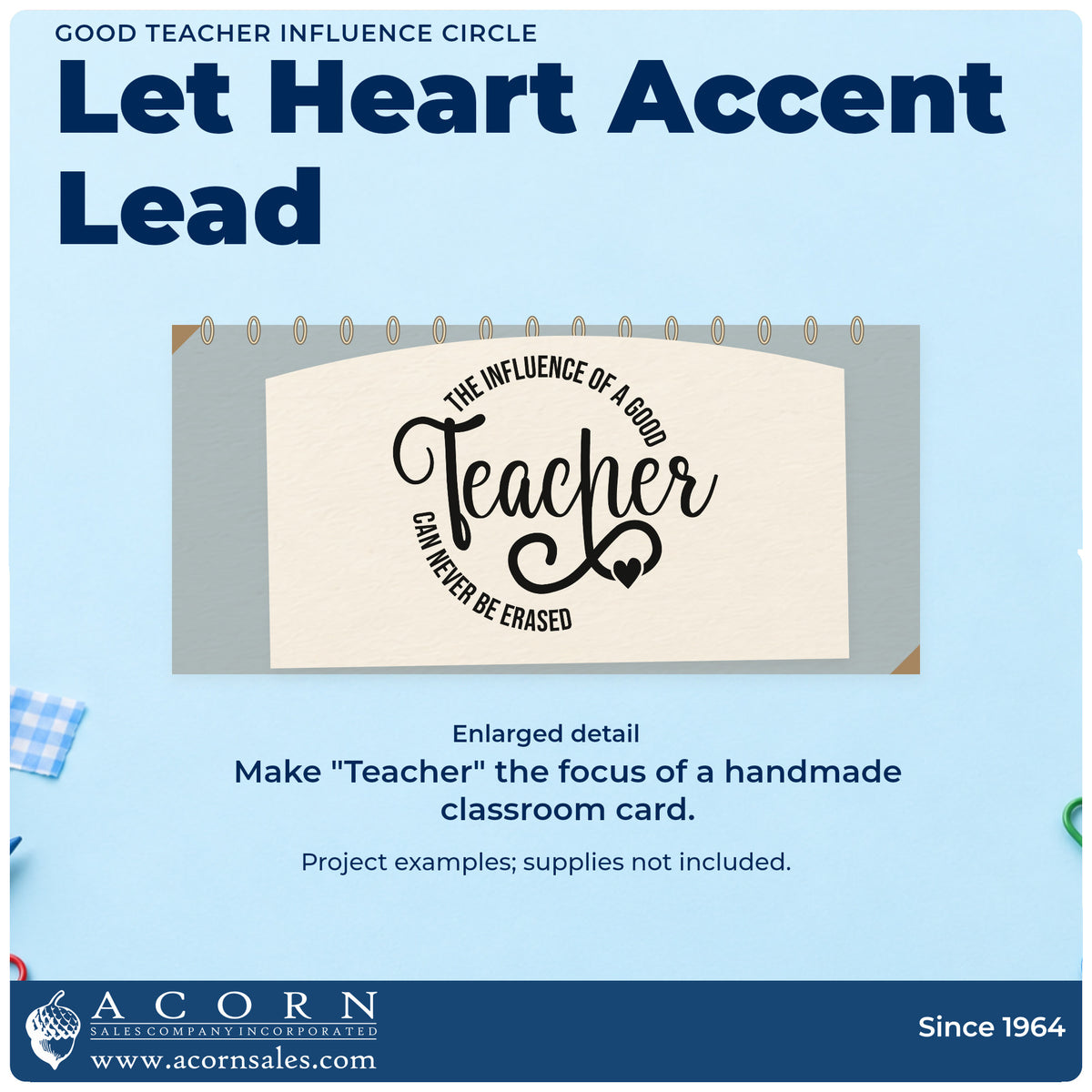 Enlarged detail of the Duo Hand Good Teacher Influence Circle Rubber Stamp imprint. Curved text around "Teacher" reads "The influence of a good teacher can never be erased," with hearts.