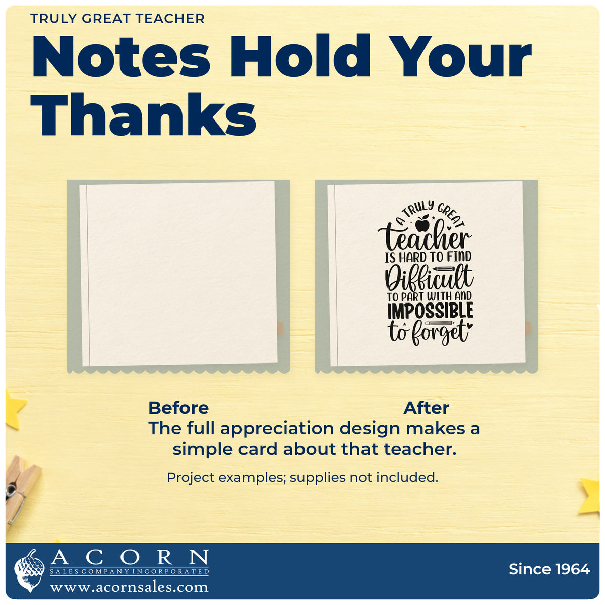 Before and after of a plain item finished with the Truly Great Teacher Apple Stamp – Slim Pre-Inked, a quick upgrade for gift basket bands.