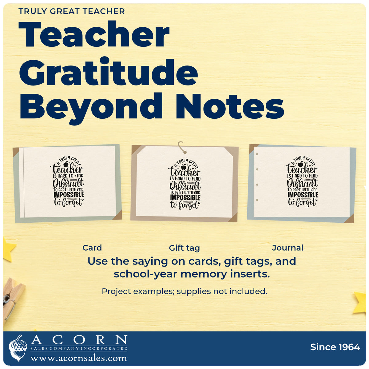 Three project examples made with the Truly Great Teacher Apple Rubber Stamp – Wood Handle, including keepsake box labels.