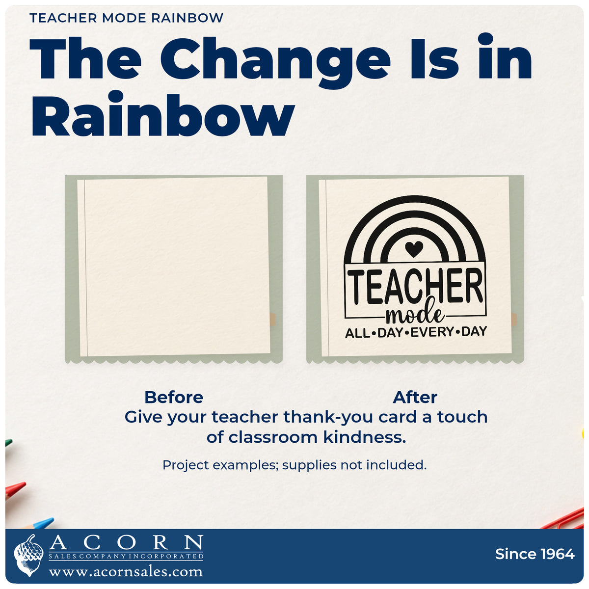 Before and after of a plain item finished with the Teacher Mode Rainbow Self-Inking Stamp, a quick upgrade for car visor labels.