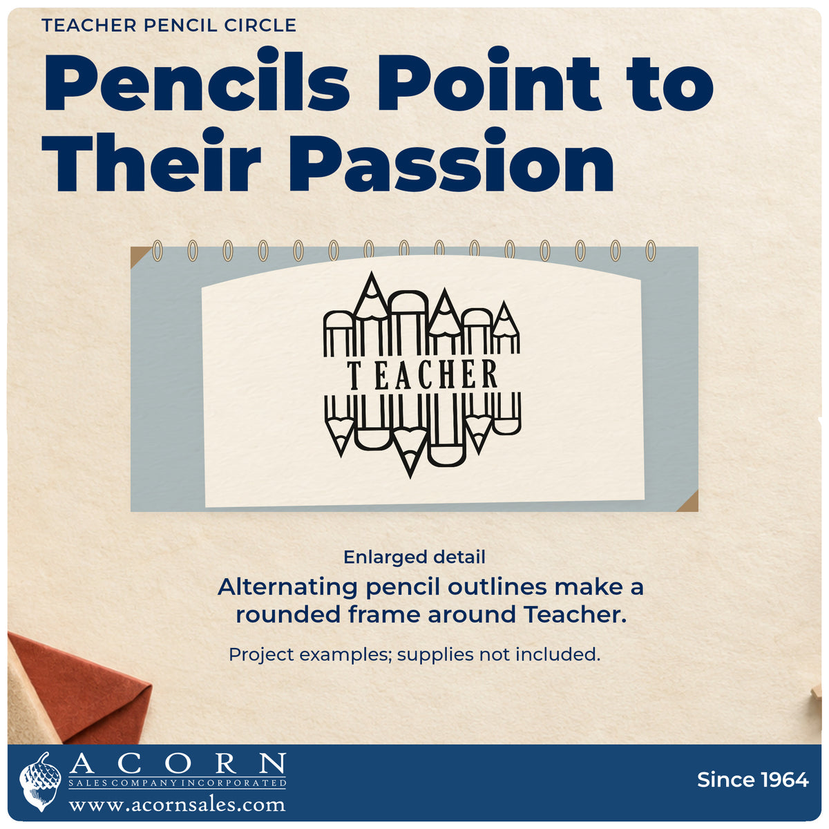Enlarged detail of the Teacher Pencil Circle Frame Accent Premium Wooden Stamp - Vintage Pro imprint. Outlined pencils pointing upward and downward form a rounded frame around "Teacher."