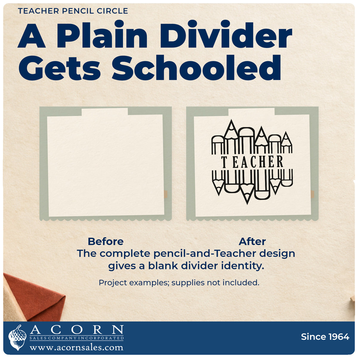 Before and after of a plain item finished with the Teacher Pencil Circle Frame Accent Hand Stamp – Duo, a quick upgrade for supply drive labels.