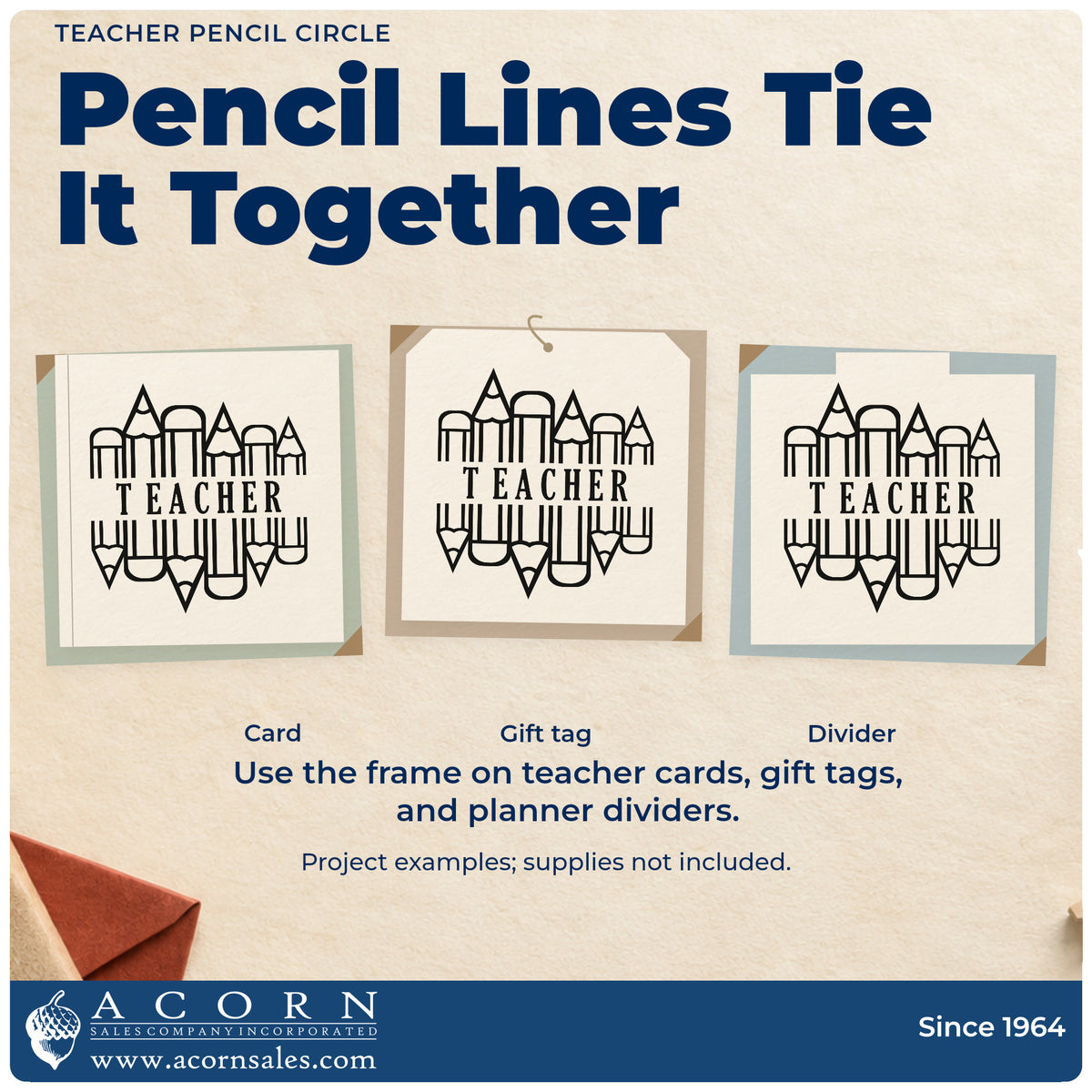 Three project examples made with the Teacher Pencil Circle Frame Accent Craft Stamp – Self-Inking, including coloring border crafts.