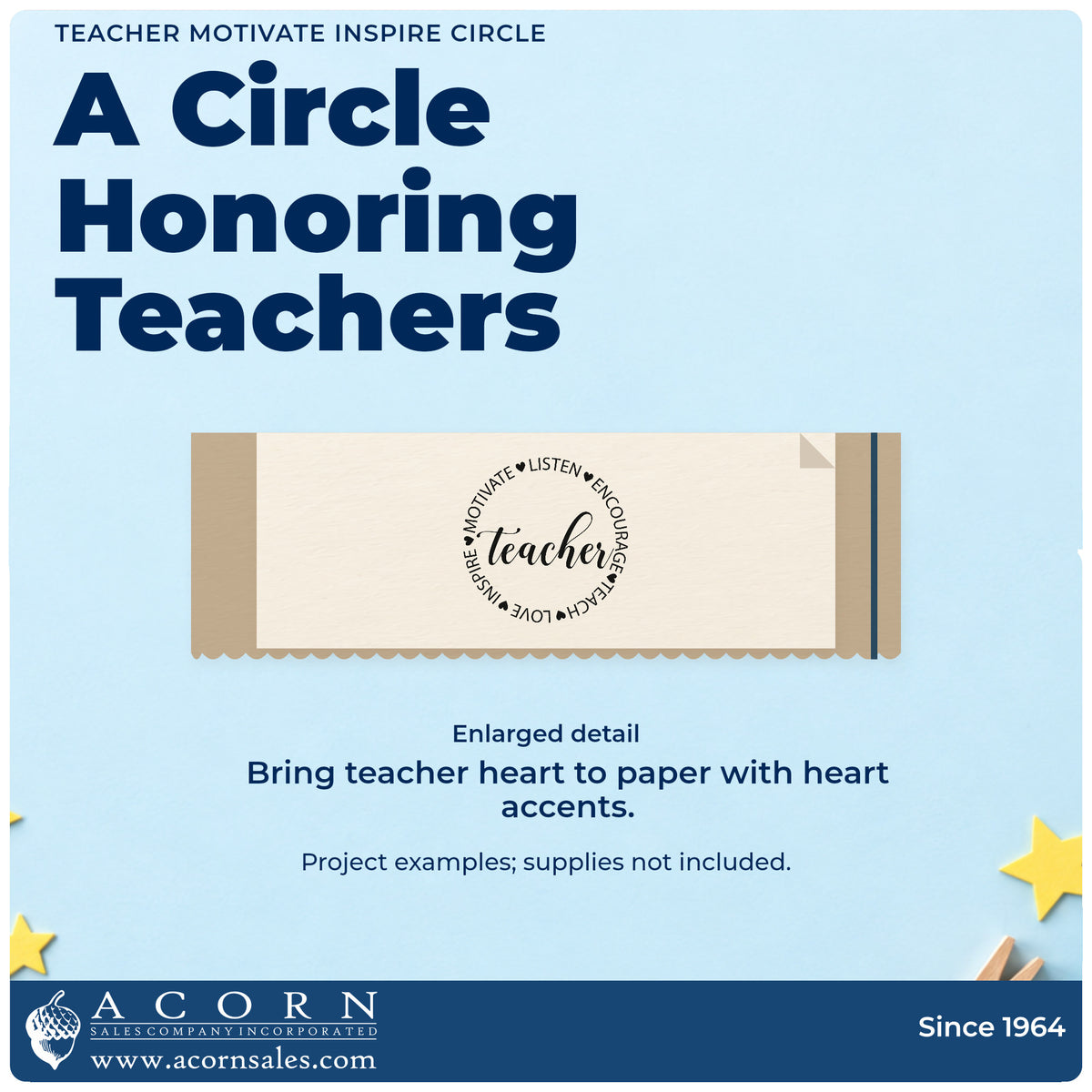 Enlarged detail of the Teacher Motivate Inspire Circle With Hearts Stamp – Self-Inking imprint. A circular border of teaching words and hearts surrounds "Teacher" script.