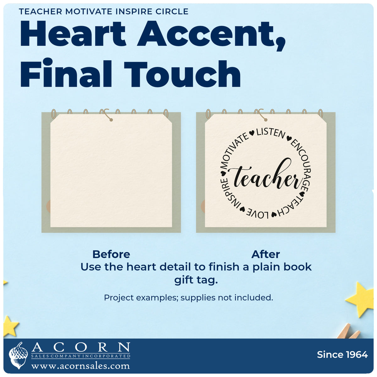 Before and after of a plain item finished with the Teacher Motivate Inspire Circle With Hearts Stamp – Self-Inking, a quick upgrade for tin lid labels.