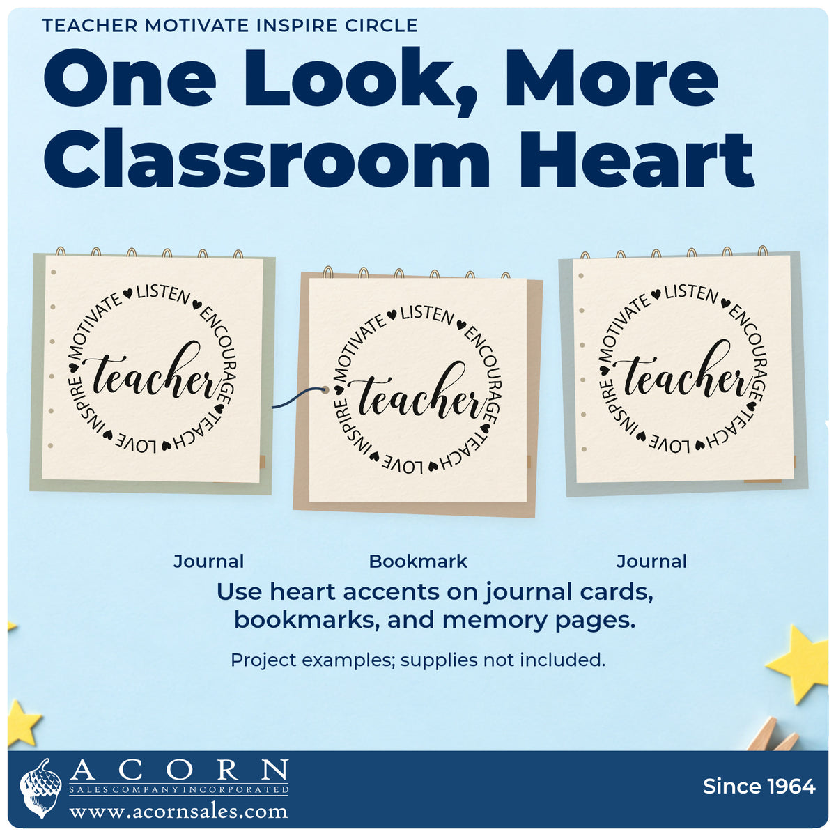 Three project examples made with the Teacher Motivate Inspire Circle With Hearts Stamp – Self-Inking, including paper fan rounds.