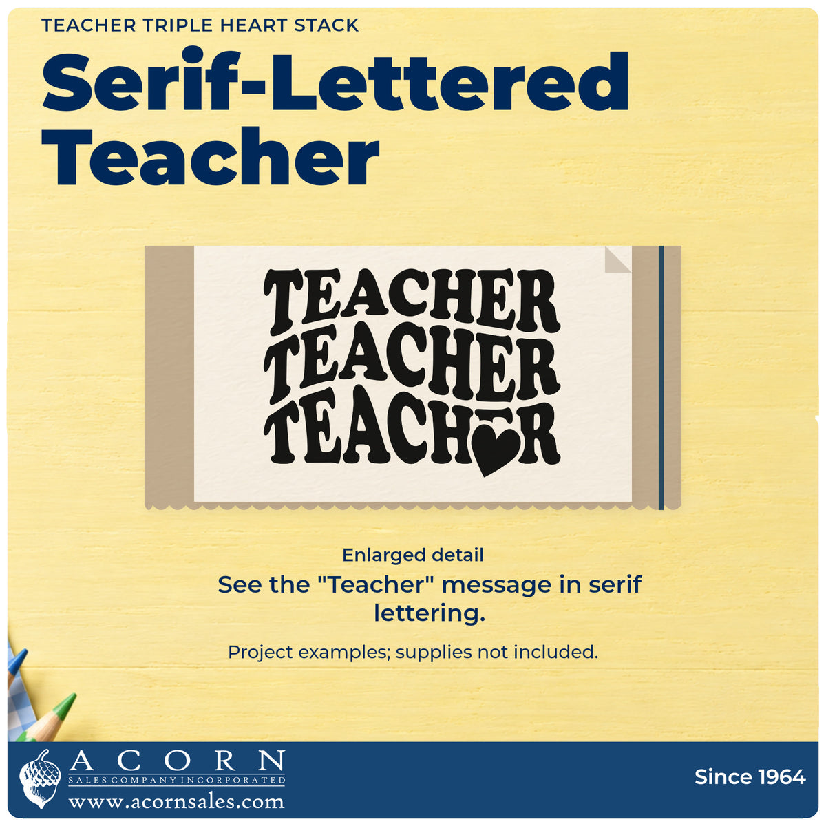 Enlarged detail of the Teacher Triple Heart Stack Pre-Inked Stamp – PSI imprint. Three stacked "Teacher" words use bold serif lettering, with a heart in the bottom line.