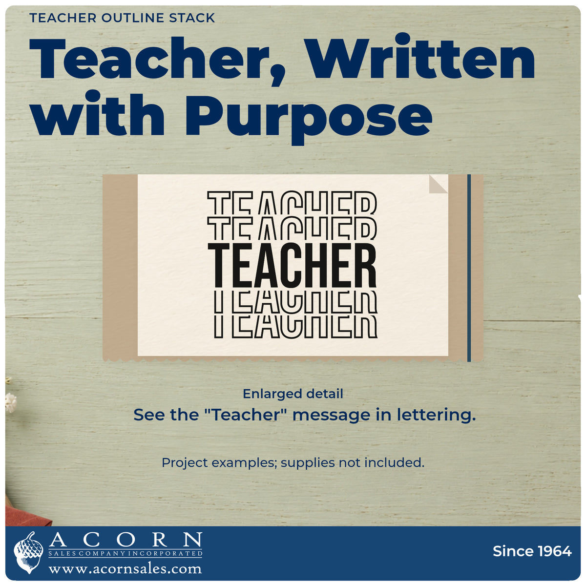 Enlarged detail of the Teacher Outline Stack Hand Stamp – Duo imprint. Five stacked "Teacher" words alternate outlined lettering with a solid bold center line.