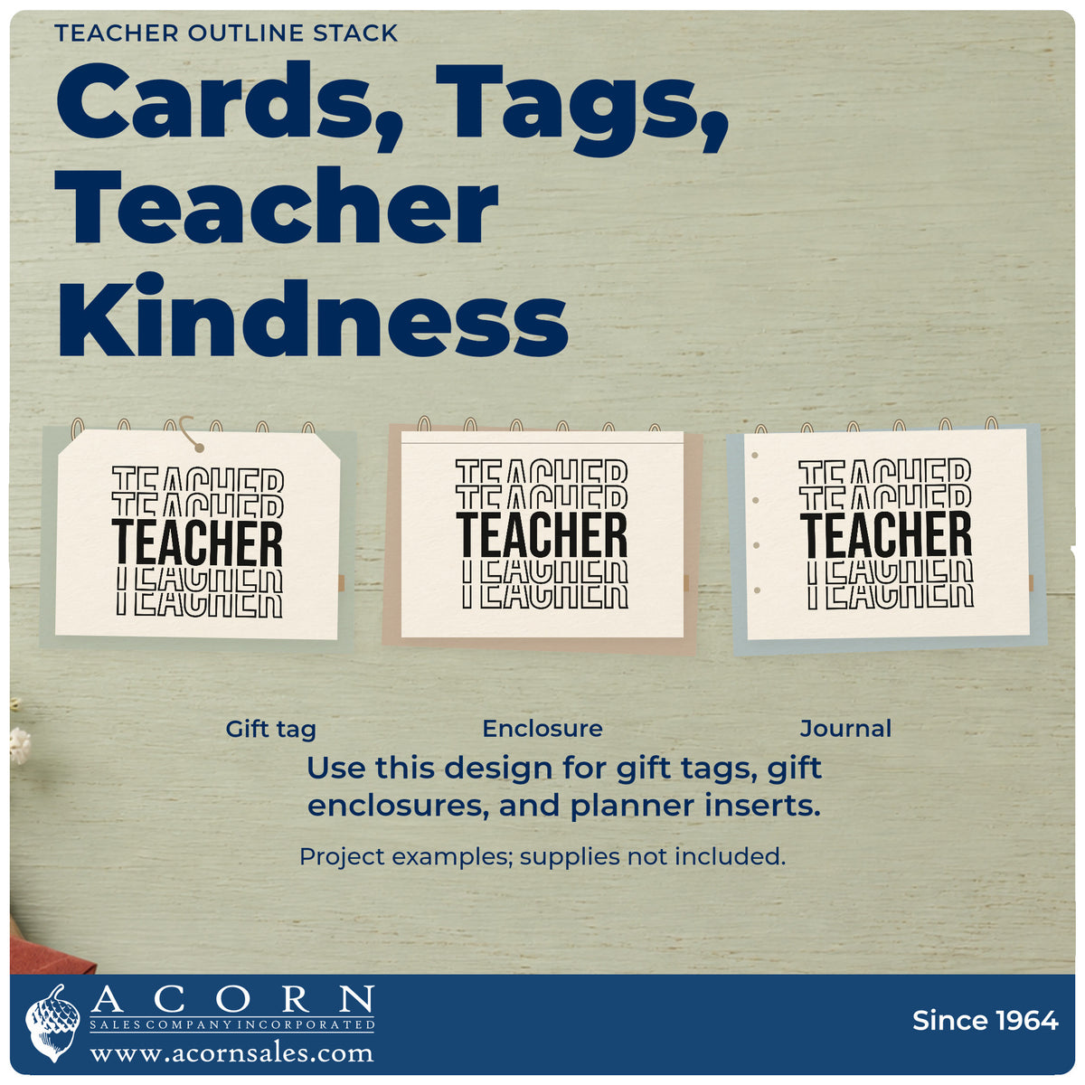 Three project examples made with the Teacher Outline Stack Self-Inking Stamp, including layered card crafts.