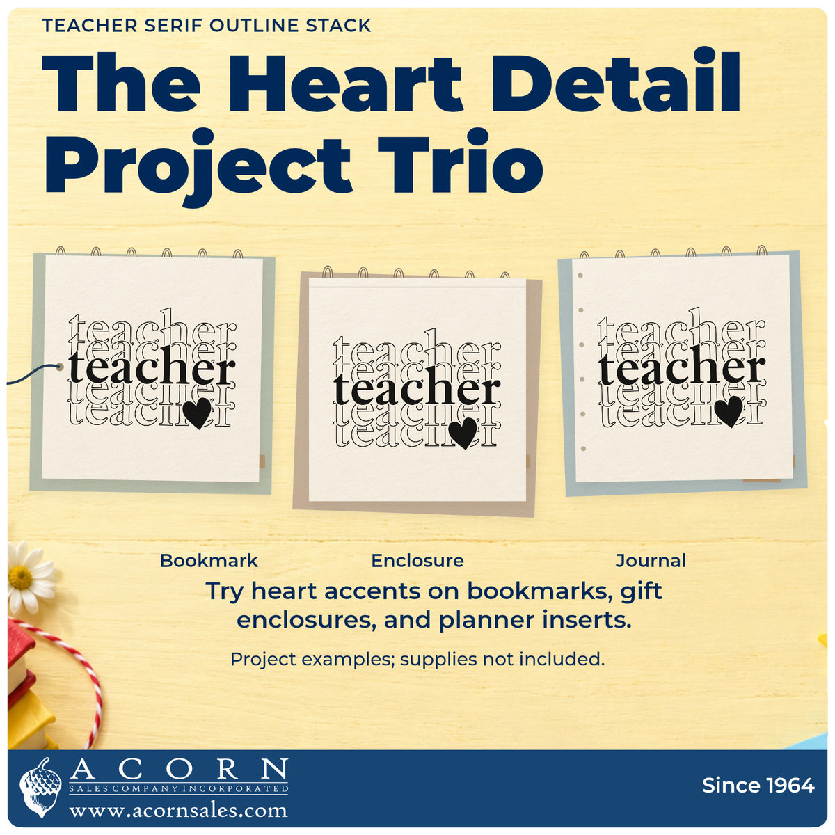 Three project examples made with the Teacher Serif Outline Stack Premium Wooden Stamp - Vintage Pro, including podium card crafts.