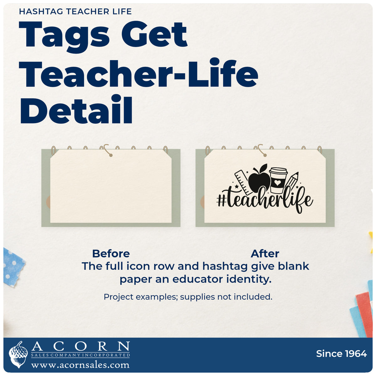 Before and after of a plain item finished with the Wood Handle Hashtag Teacher Life Apple Rubber Stamp, a quick upgrade for staff party invitations.