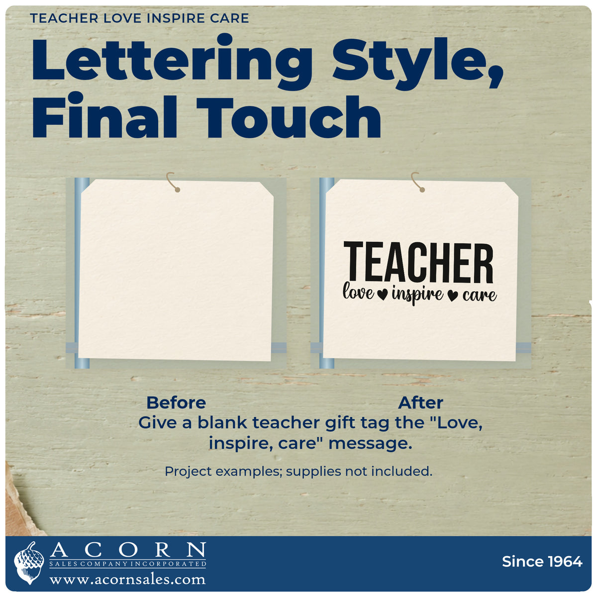 Before and after of a plain item finished with the Teacher Love Inspire Care Slim Pre-Inked Stamp, a quick upgrade for first aid labels.
