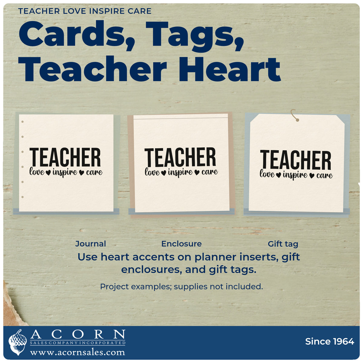 Three project examples made with the Vintage Pro Teacher Love Inspire Care Premium Wooden Stamp, including heart cutout crafts.