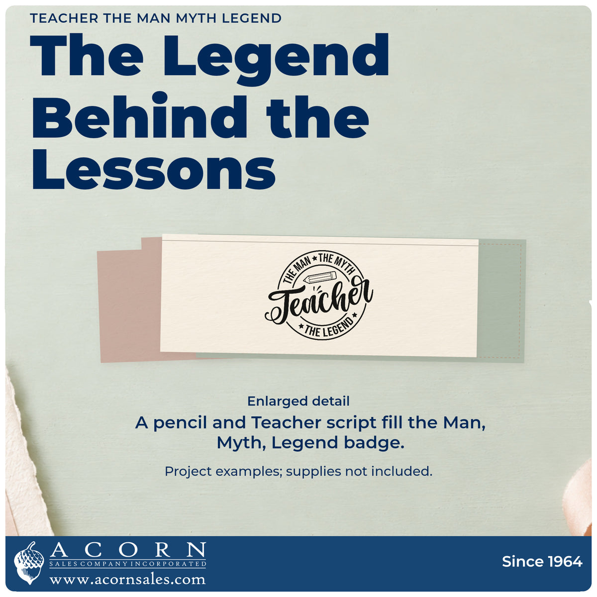 Enlarged detail of the Teacher The Man Myth Legend Pencil Hand Stamp – Duo imprint. A pencil and large "Teacher" script fill a circular "The man, the myth, the legend" badge.