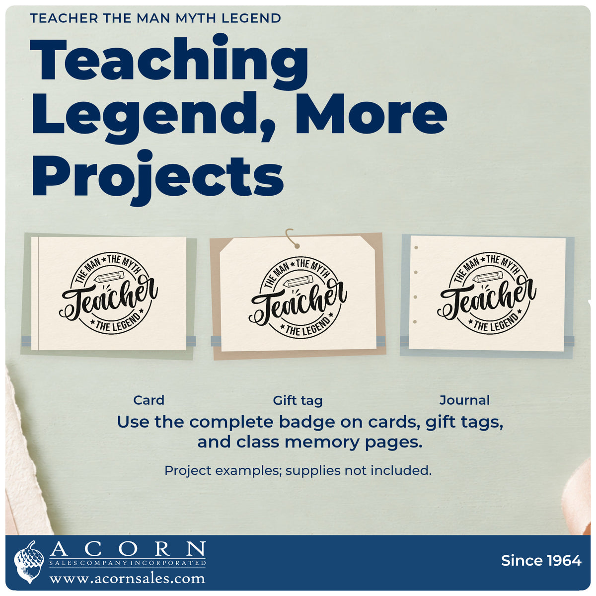 Three project examples made with the Teacher The Man Myth Legend Pencil Premium Wooden Stamp - Vintage Pro, including round patch crafts.