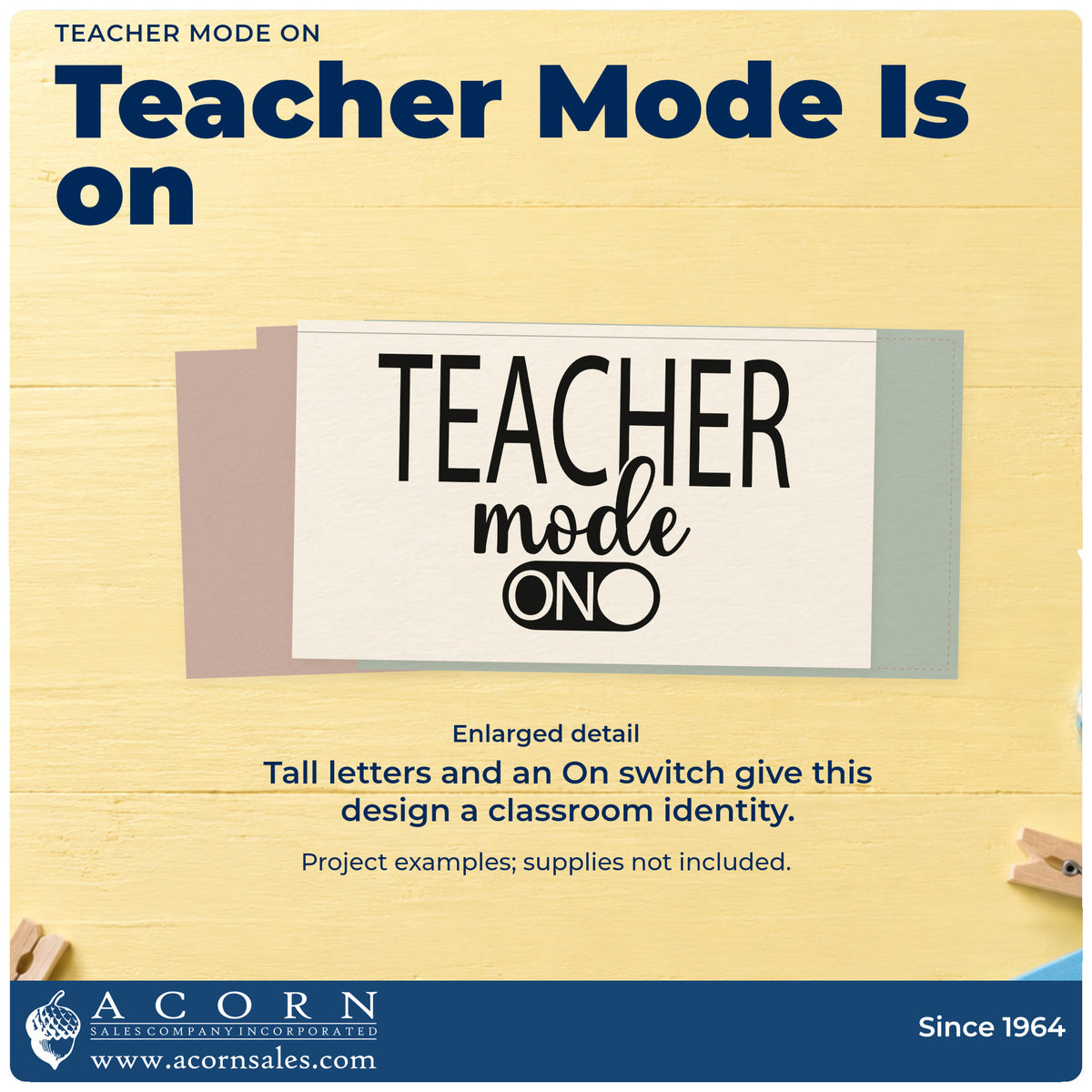 Enlarged detail of the Teacher Mode On Script Lettering Stamp - Premium Vintage Pro Wooden imprint. Tall "Teacher" lettering sits above "Mode" script and an on-switch symbol.