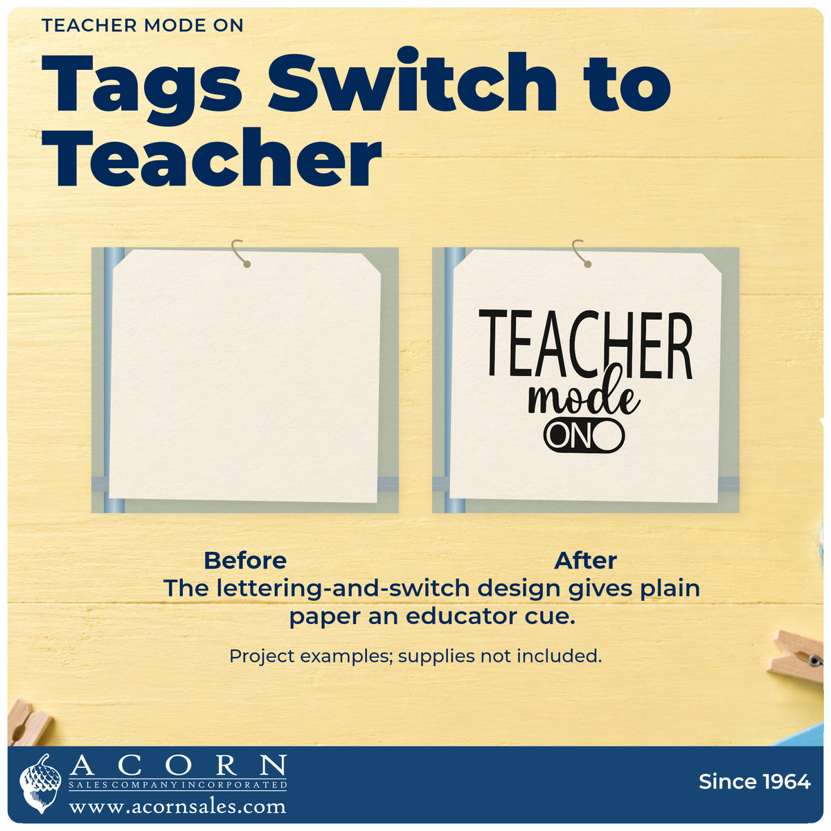 Before and after of a plain item finished with the Teacher Mode On Script Lettering Hand Stamp – Duo, a quick upgrade for outlet cover labels.