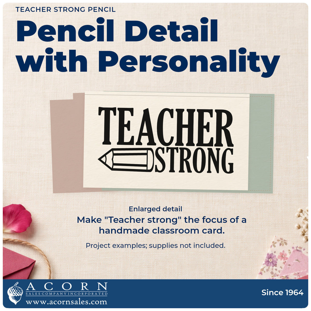 Enlarged detail of the Teacher Strong Pencil Rubber Stamp – Duo Hand imprint. A horizontal pencil accompanies bold "Teacher strong" lettering.