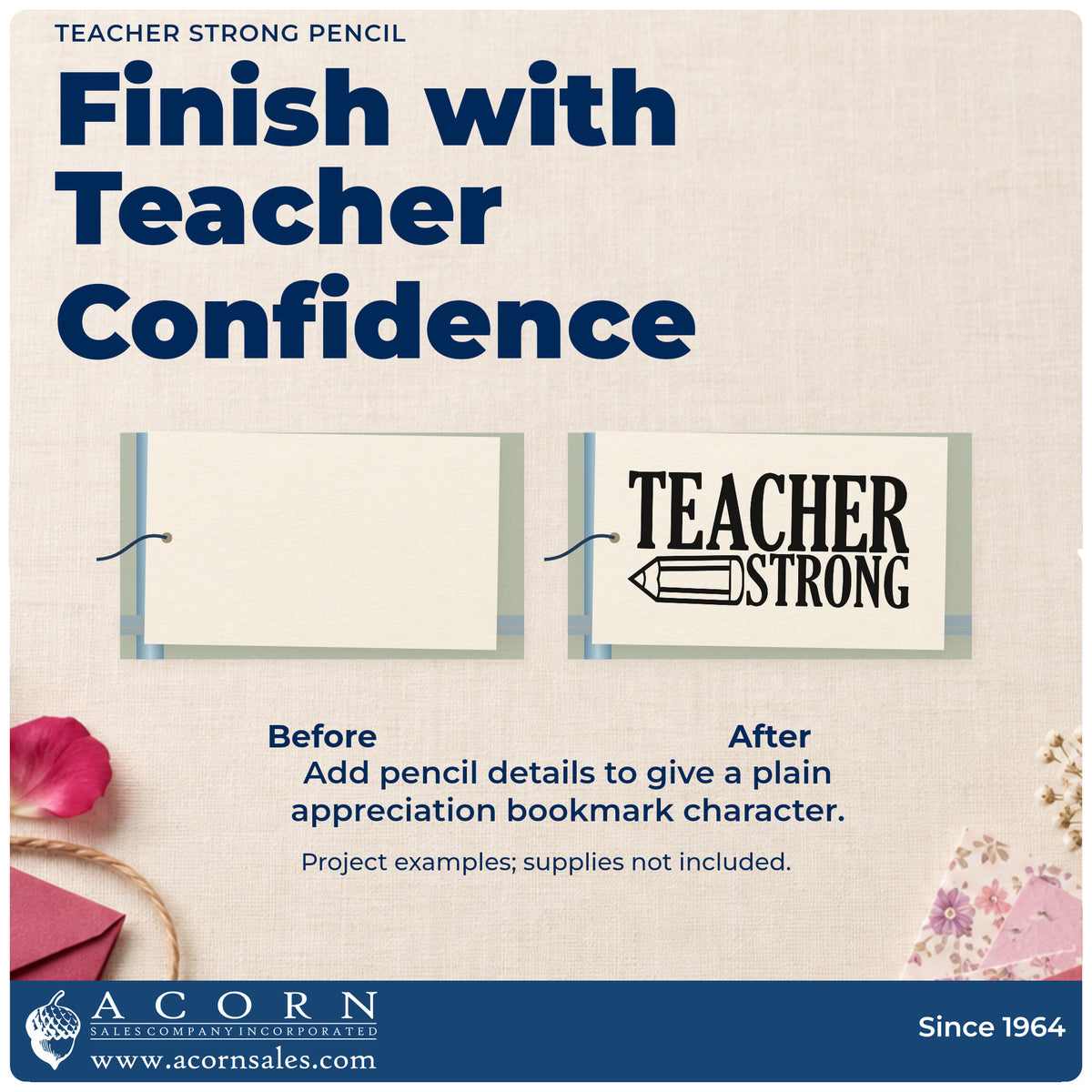 Before and after of a plain item finished with the Teacher Strong Pencil PSI Pre-Inked Stamp, a quick upgrade for water jug labels.