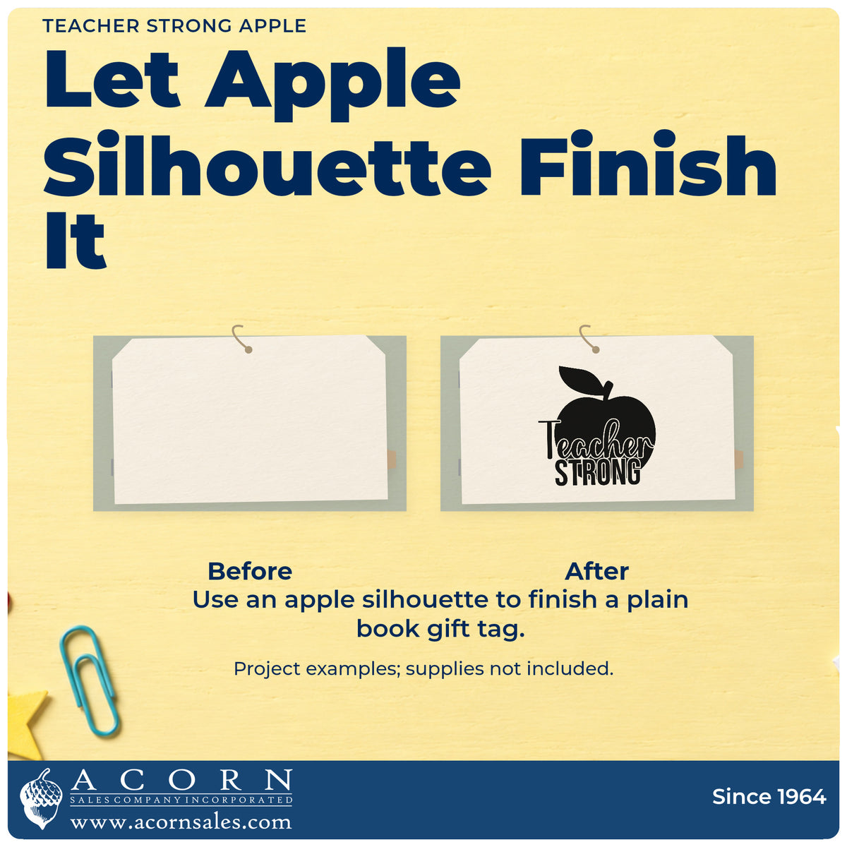 Before and after of a plain item finished with the Teacher Strong Apple Script Lettering Stamp – Self-Inking, a quick upgrade for orchard trip labels.