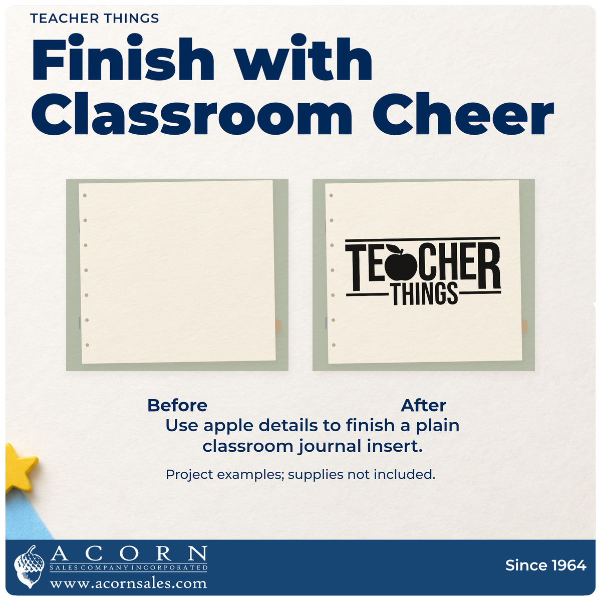 Before and after of a plain item finished with the Teacher Things Pre-Inked Stamp – PSI, a quick upgrade for cubby tag labels.